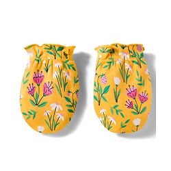 Babyhug 100% Cotton Knit Cap Mittens & Booties With Floral Print Yellow - Diameter 13 cm