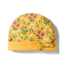 Babyhug 100% Cotton Knit Cap Mittens & Booties With Floral Print Yellow - Diameter 13 cm