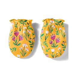 Babyhug 100% Cotton Knit Cap Mittens & Booties With Floral Print Yellow - Diameter 13 cm