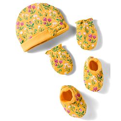 Babyhug 100% Cotton Knit Cap Mittens & Booties With Floral Print Yellow - Diameter 13 cm