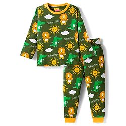 Babyhug Cotton Knit Full Sleeves Co-Ord Night Suit with Animal Print - Green