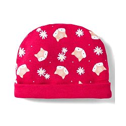 Babyhug 100% Cotton Knit Cap Mittens And Booties with Floral & Animal Print Red - 13.5 cm Diameter