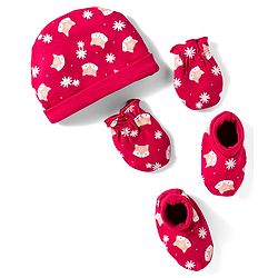 Babyhug 100% Cotton Knit Cap Mittens And Booties with Floral & Animal Print Red - 13.5 cm Diameter