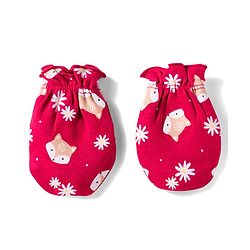 Babyhug 100% Cotton Knit Cap Mittens And Booties with Floral & Animal Print Red - 13.5 cm Diameter