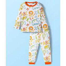Babyhug Cotton Knit Full Sleeves Co-ords Night Suit With Animal Print - White