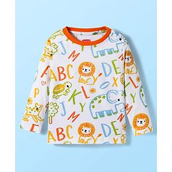 Babyhug Cotton Knit Full Sleeves Co-ords Night Suit With Animal Print - White
