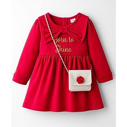 Babyhug Cotton Knit Full Sleeves Frock With Text Embroidery & Sling Bag - Red