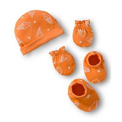 Babyhug 100% Cotton Interlock Knit Cap Mittens & Booties Set with Ice Cream Print Orange - Diameter 15.5 cm