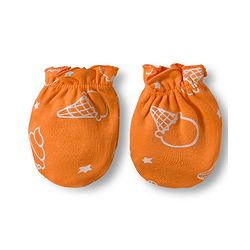 Babyhug 100% Cotton Interlock Knit Cap Mittens & Booties Set with Ice Cream Print Orange - Diameter 15.5 cm