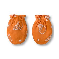 Babyhug 100% Cotton Interlock Knit Cap Mittens & Booties Set with Ice Cream Print Orange - Diameter 15.5 cm