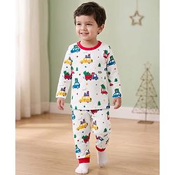Babyhug 100% Cotton Knit Full Sleeves Co-ords Night Suit With Vehicle Print - White