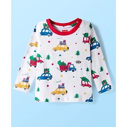Babyhug Cotton Knit Full Sleeves Co-ords Night Suit With Vehicle Print - White