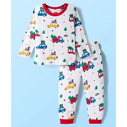 Babyhug 100% Cotton Knit Full Sleeves Co-ords Night Suit With Vehicle Print - White
