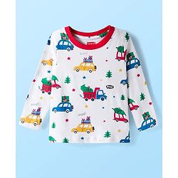 Babyhug 100% Cotton Knit Full Sleeves Co-ords Night Suit With Vehicle Print - White
