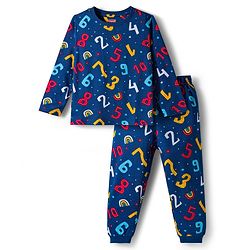 Babyhug Cotton Knit Full Sleeves Co-ord Night Suit With Numbers & Rainbow Print - Navy Blue