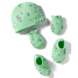 Babyhug 100% Cotton Knit Cap Mittens And Booties with Floral Print Light Green - 14.5 cm Diameter