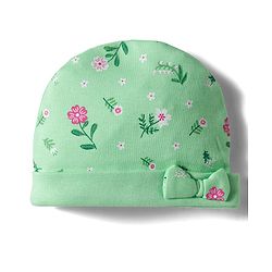 Babyhug 100% Cotton Knit Cap Mittens And Booties with Floral Print Light Green - 14.5 cm Diameter