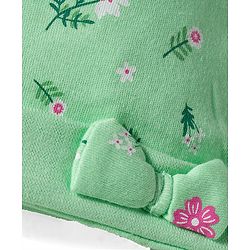 Babyhug 100% Cotton Knit Cap Mittens And Booties with Floral Print Light Green - 14.5 cm Diameter