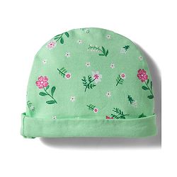 Babyhug 100% Cotton Knit Cap Mittens And Booties with Floral Print Light Green - 14.5 cm Diameter