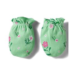 Babyhug 100% Cotton Knit Cap Mittens And Booties with Floral Print Light Green - 14.5 cm Diameter