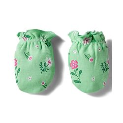 Babyhug 100% Cotton Knit Cap Mittens And Booties with Floral Print Light Green - 14.5 cm Diameter