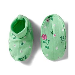 Babyhug 100% Cotton Knit Cap Mittens And Booties with Floral Print Light Green - 14.5 cm Diameter