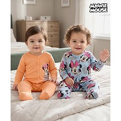 Babyhug Disney Interlock Knit Sleepsuits With Minnie Mouse Graphics Pack Of 2 - Orange & Light Blue
