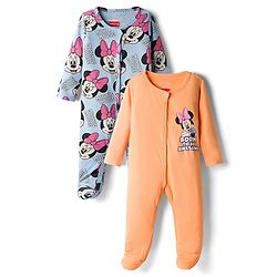 Babyhug Disney Interlock Knit Sleepsuits With Minnie Mouse Graphics Pack Of 2 - Orange & Light Blue