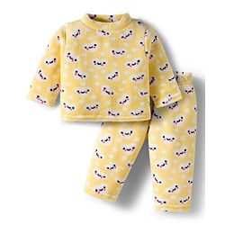 Babyhug Velour Knit Full Sleeves Winter Wear Night Suit With Heart Print - Yellow