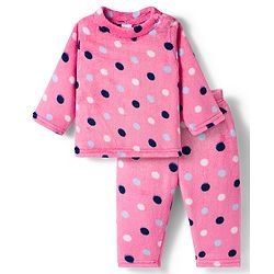 Babyhug Velour Knit Full Sleeves Co-ords Night Suit With Polka Dots - Pink