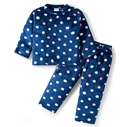 Babyhug Velour Knit Full Sleeves Co-ords Winter Night Suit with Polka Dot Print - Navy Blue