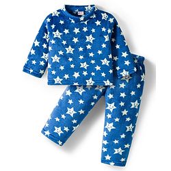 Babyhug Velour Knit Full Sleeves Winter Wear Co-ords Night Suit With Star Print - Navy Blue