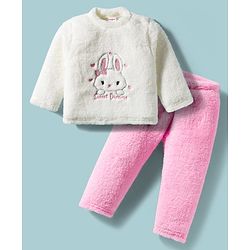 Babyhug Velour Knit Full Sleeves WInter Wear Night Suit With Bunny Print - White & Pink