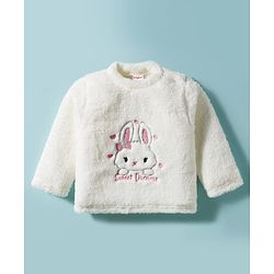 Babyhug Velour Knit Full Sleeves WInter Wear Night Suit With Bunny Print - White & Pink