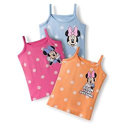 Babyhug Disney Lycra Knit Sleeveless Slips with Minnie Mouse Graphic & Polka Dot Pack of 3 - Light Blue Orange & Dark Pink