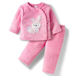 Babyhug Velour Knit Full Sleeves Winter Night Suit with Rabbit Embroidery - Pink