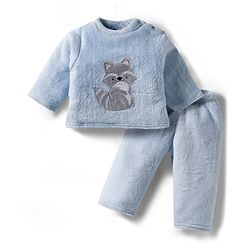 Babyhug Velour Knit Full Sleeves Winter Night Suit with Racoon Embroidery - Blue