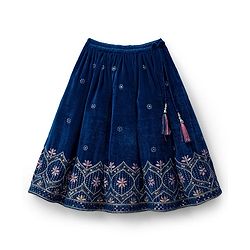 Babyhug Velour Woven Half Sleeves Floral Embroidered Choli Lahenga Set with Dupatta - Navy