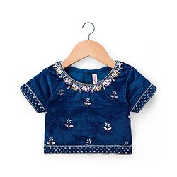 Babyhug Velour Woven Half Sleeves Floral Embroidered Choli Lahenga Set with Dupatta - Navy