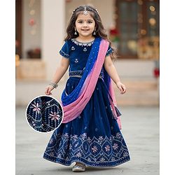 Babyhug Velour Woven Half Sleeves Floral Embroidered Choli Lahenga Set with Dupatta - Navy