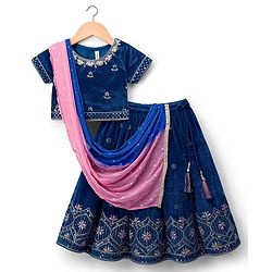 Babyhug Velour Woven Half Sleeves Floral Embroidered Choli Lahenga Set with Dupatta - Navy