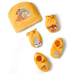 Babyhug Disney Interlock Knit Cap Mittens & Booties Set With Bambi & Friends Graphic Yellow - Diameter 9.5 cm