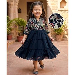 Babyhug Georgette Woven Three Fourth Sleeves Tired Ethnic Dress with Embroidery - Navy Blue