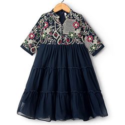 Babyhug Georgette Woven Three Fourth Sleeves Tired Ethnic Dress with Embroidery - Navy Blue