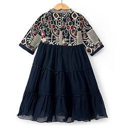Babyhug Georgette Woven Three Fourth Sleeves Tired Ethnic Dress with Embroidery - Navy Blue