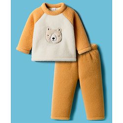 Babyhug Velour Knit Full Raglan Sleeves Winter Wear Night Suit With Bear Applique - Beige