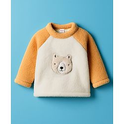 Babyhug Velour Knit Full Raglan Sleeves Winter Wear Night Suit With Bear Applique - Beige