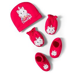 Babyhug Disney Interlock Knit Cap Mittens & Booties Set With Marie Graphic Red - Diameter 9 cm