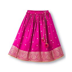 Babyhug Brocade Woven Half Puffed Sleeves Choli Lehenga Set with Dupatta & Motif Embroidery - Dark Pink & Yellow
