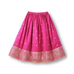 Babyhug Brocade Woven Half Puffed Sleeves Choli Lehenga Set with Dupatta & Motif Embroidery - Dark Pink & Yellow